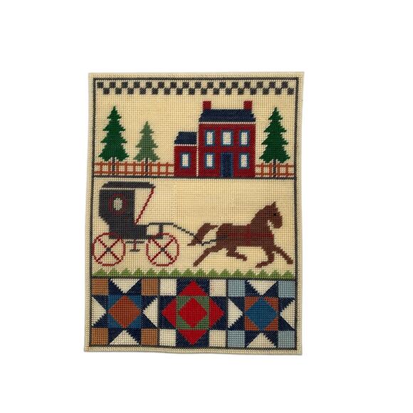 Vintage Americana Cross Stitch Horse Buggy Folk Art Sampler - Picture 3 of 9